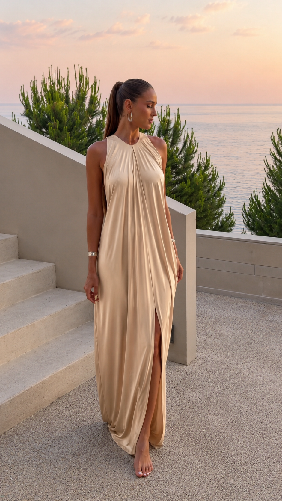 Champagne halter maxi dress with gathered neckline and flowing shape
