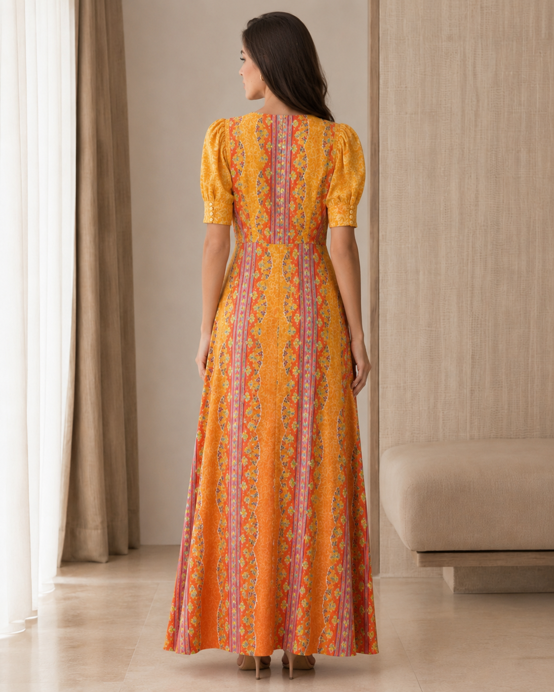Back view of marigold printed puff sleeve maxi dress