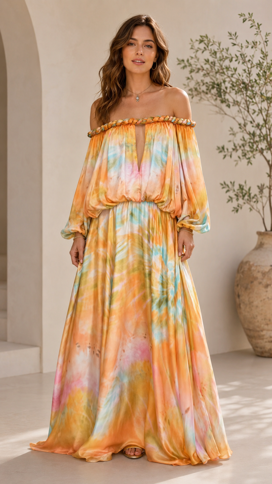 Full front view of sunset multi printed off shoulder maxi dress