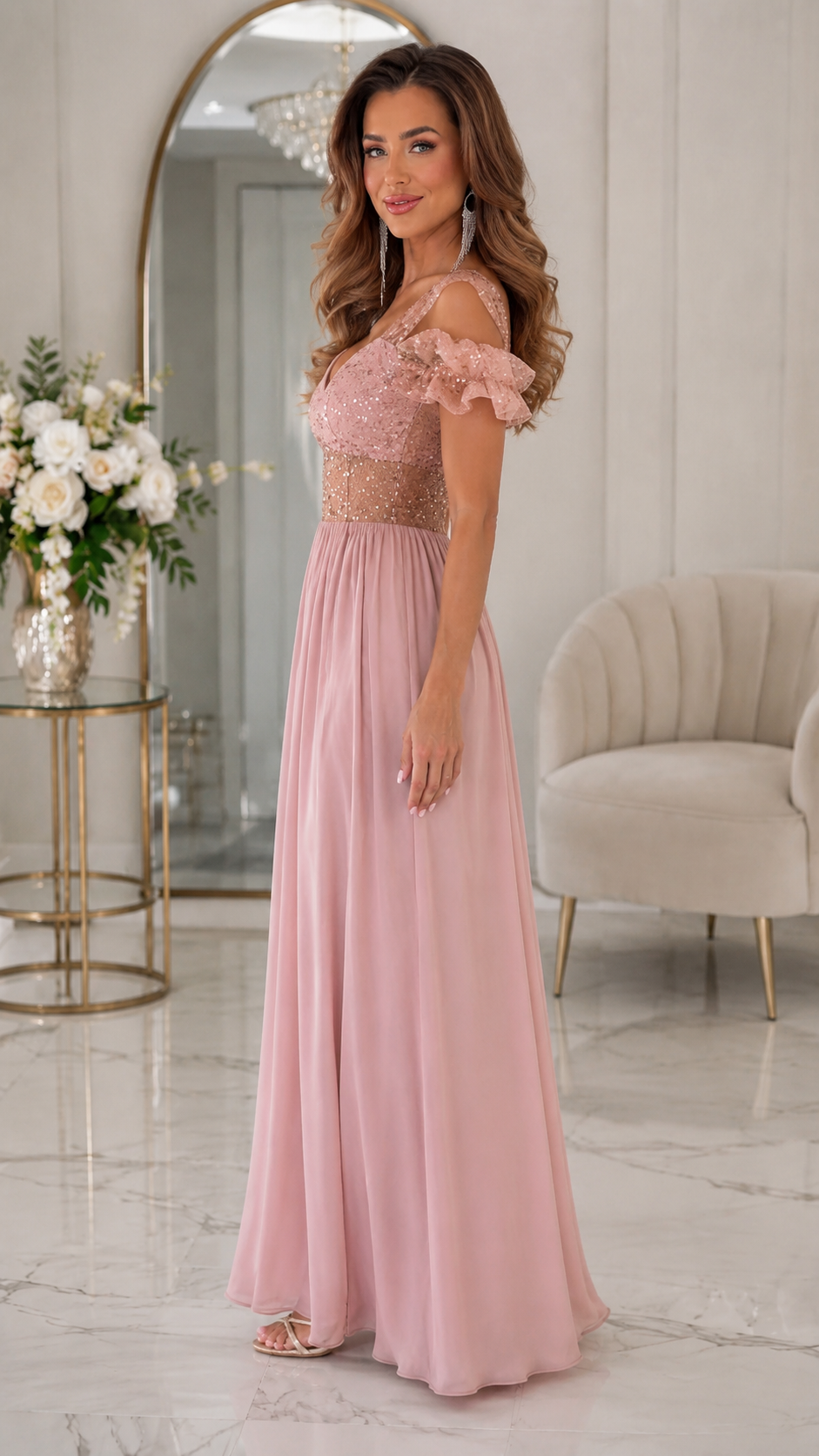 Side view of blush pink flowing formal maxi dress