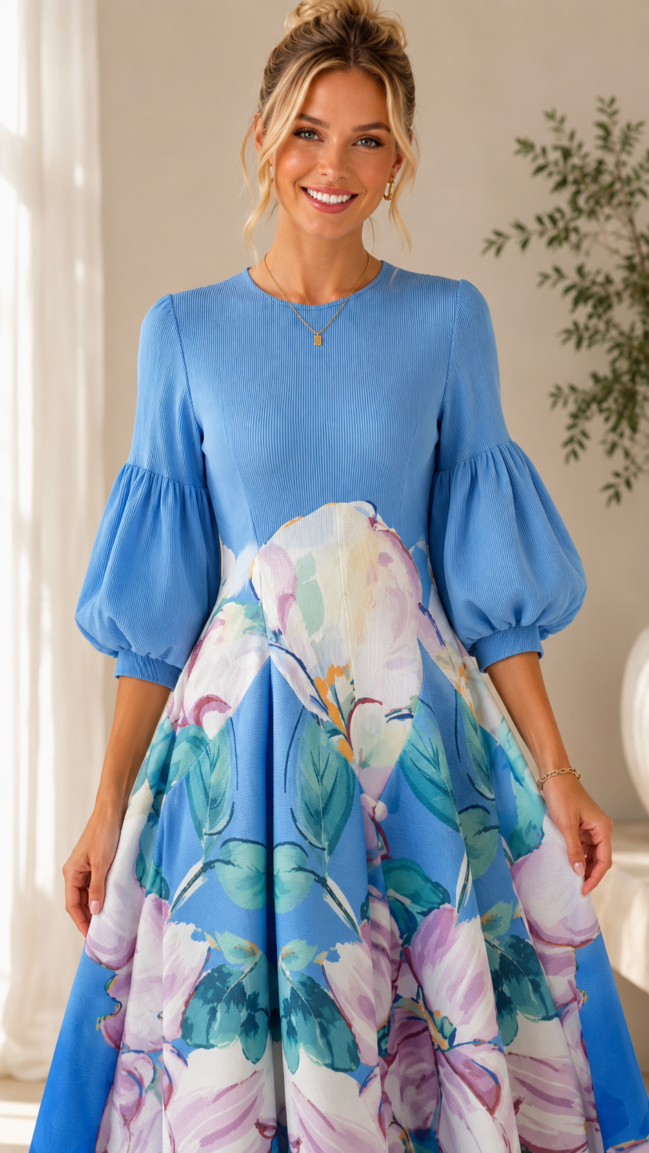 Sky blue floral puff sleeve dress close front detail view