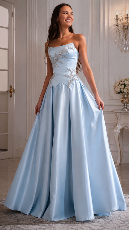 Powder blue strapless formal gown with embellished bodice and ball skirt