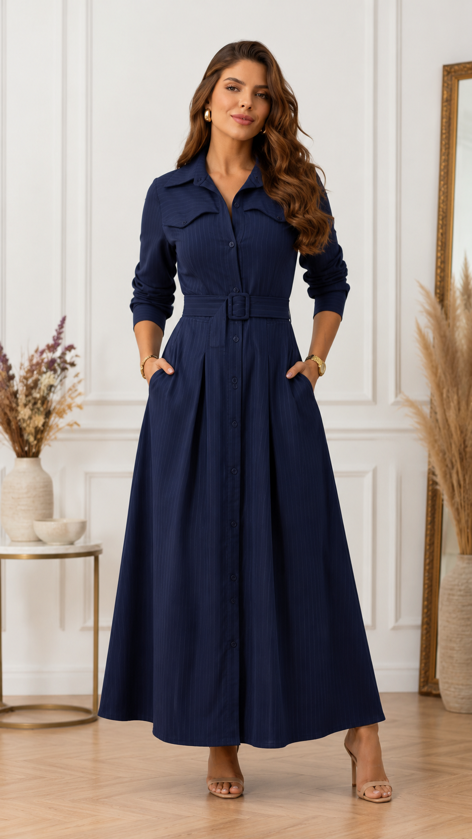 Navy blue maxi shirt dress with matching belt and pleated-looking skirt