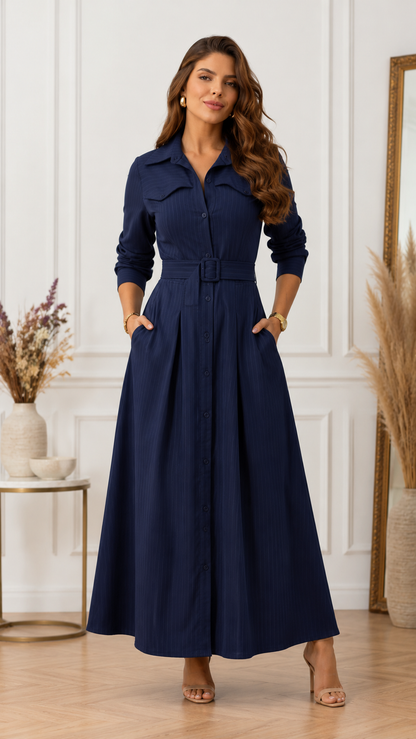 Navy blue maxi shirt dress with matching belt and pleated-looking skirt