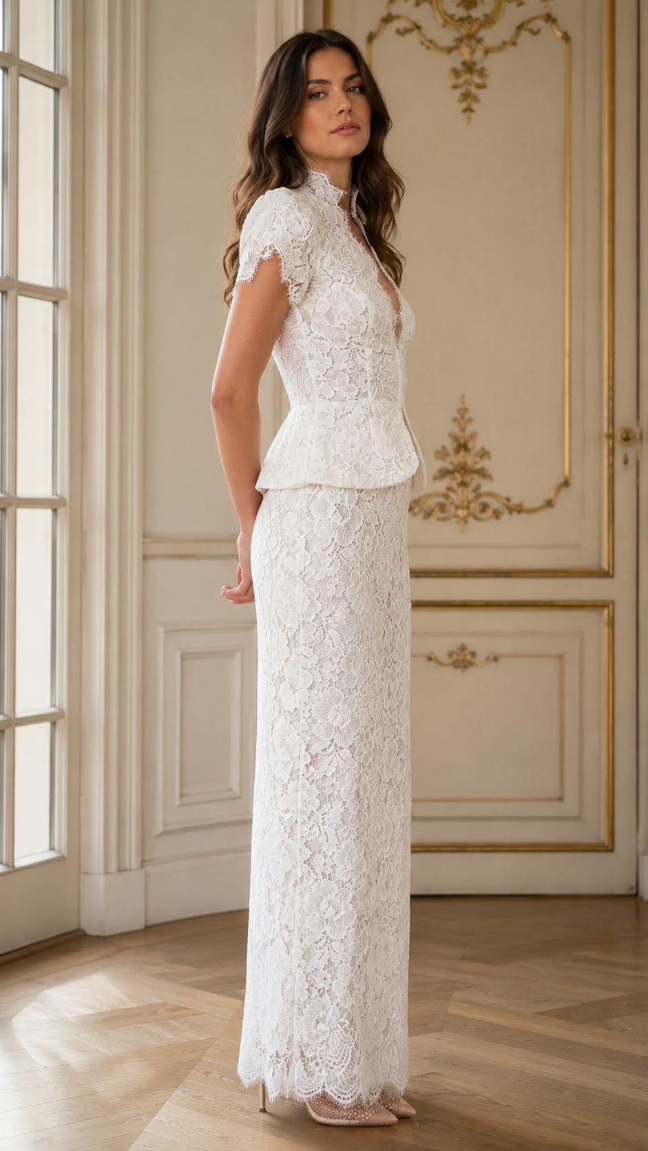 Side view of white lace peplum maxi dress