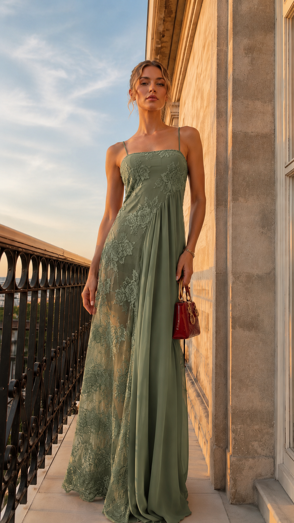 Model wearing sage green lace overlay spaghetti strap maxi evening dress