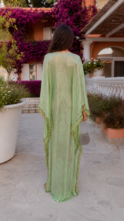 Sequin Kaftan Maxi Dress with Deep V Neck and Fringe Sleeves