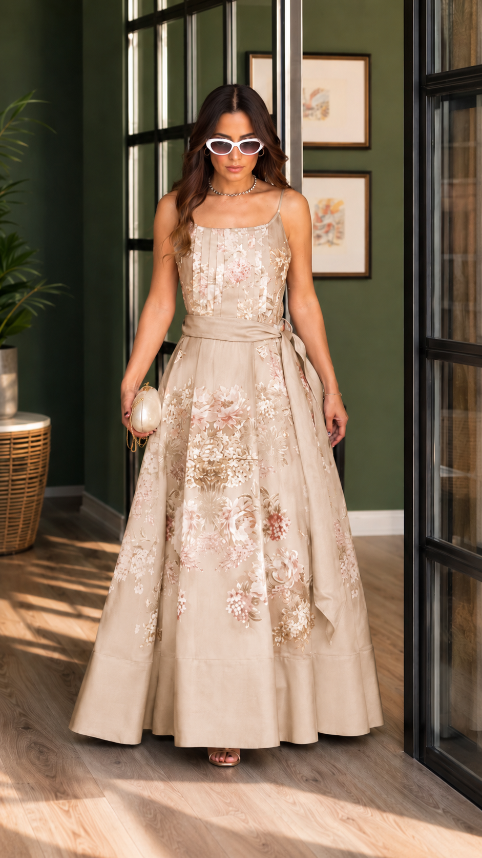 Grey Floral Tie-Waist Maxi Dress
