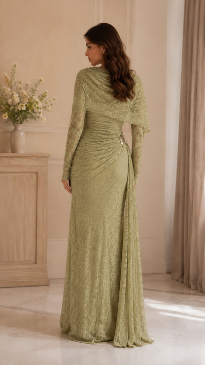 Lace Embellished Cape Sleeve Evening Gown