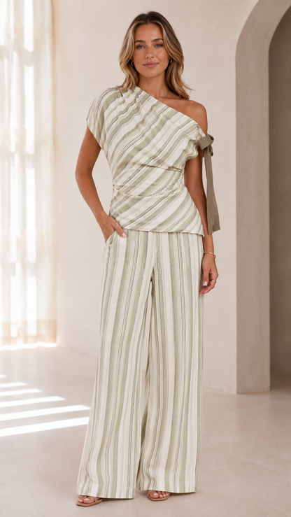 Sand Stripe One-Shoulder Wide-Leg Pant Set
