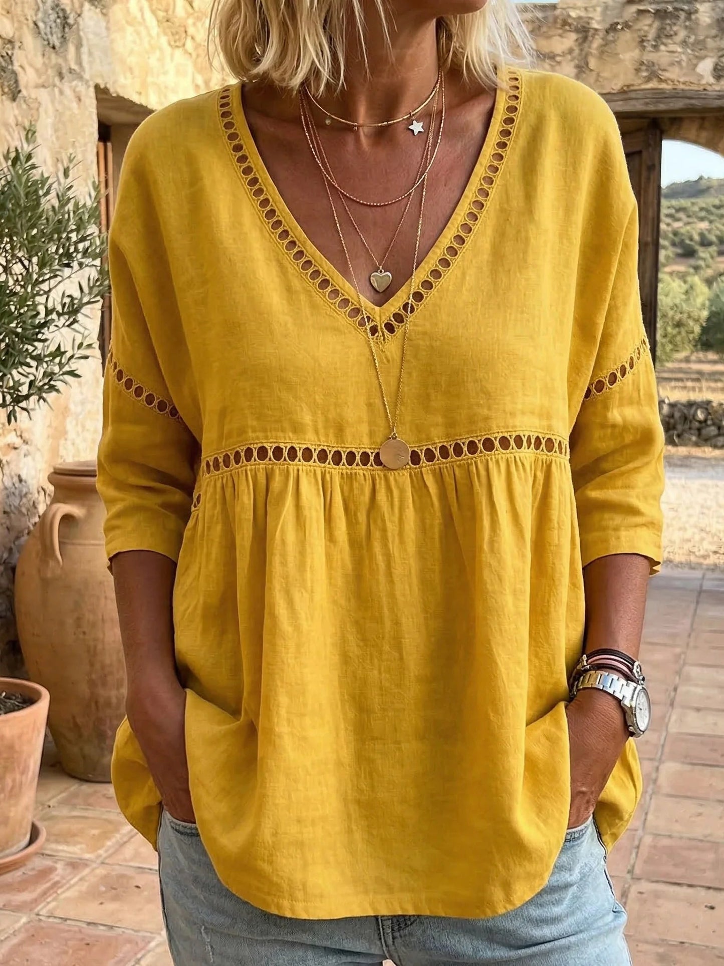 🌿Women's Cozy Hollow-out Patchwork V-neck Linen-cotton Blouse