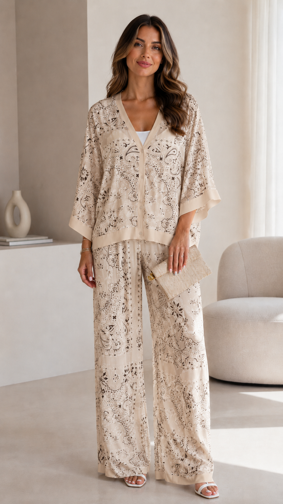 Ivory Paisley Print Kimono Sleeve Pant Set