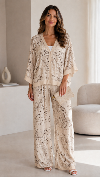 Ivory Paisley Print Kimono Sleeve Pant Set