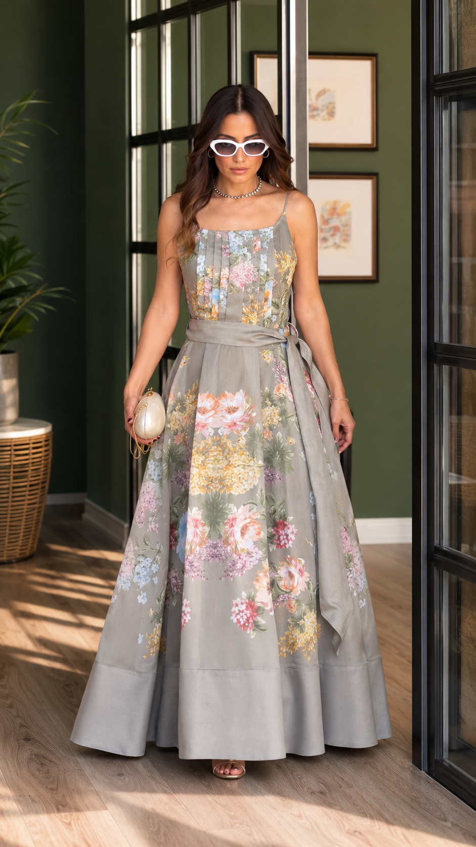 Grey Floral Tie-Waist Maxi Dress