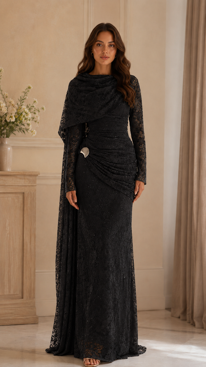 Lace Embellished Cape Sleeve Evening Gown