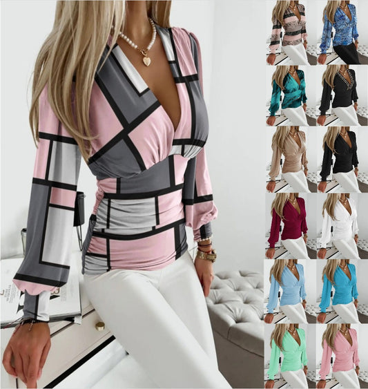 Sexy Geometric Print Shirt Fashion V-neck Long-sleeved Tops Women's Clothing