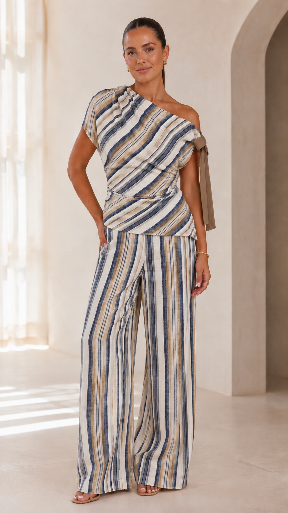 Sand Stripe One-Shoulder Wide-Leg Pant Set