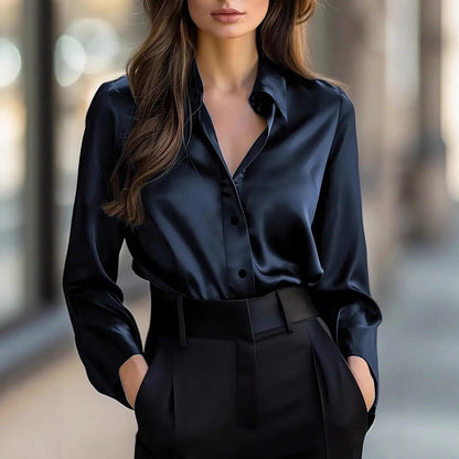 Elegant Satin Long Sleeve Blouse For Women Button-Up Collar Shirt Perfect For Casual Professional Business Work Wear Women's Clothing