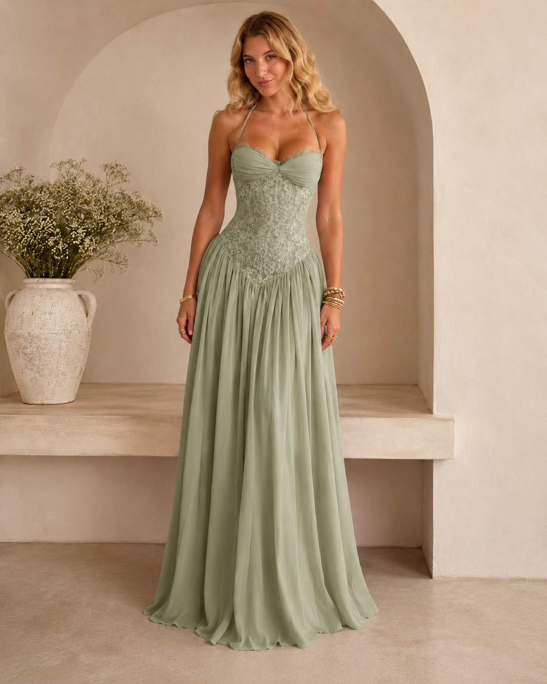 Blush Lace Halter Maxi Dress