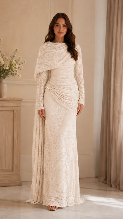 Lace Embellished Cape Sleeve Evening Gown