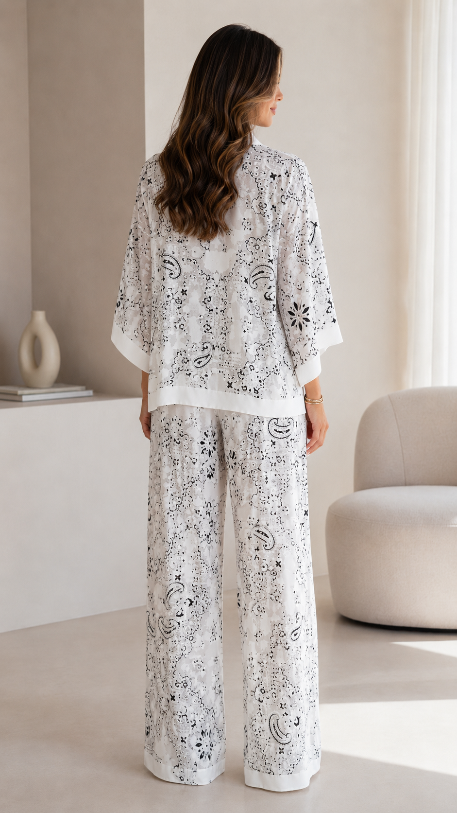 Ivory Paisley Print Kimono Sleeve Pant Set