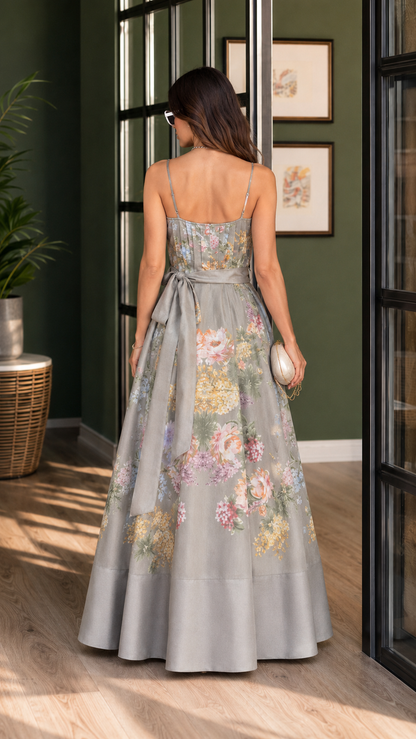 Grey Floral Tie-Waist Maxi Dress