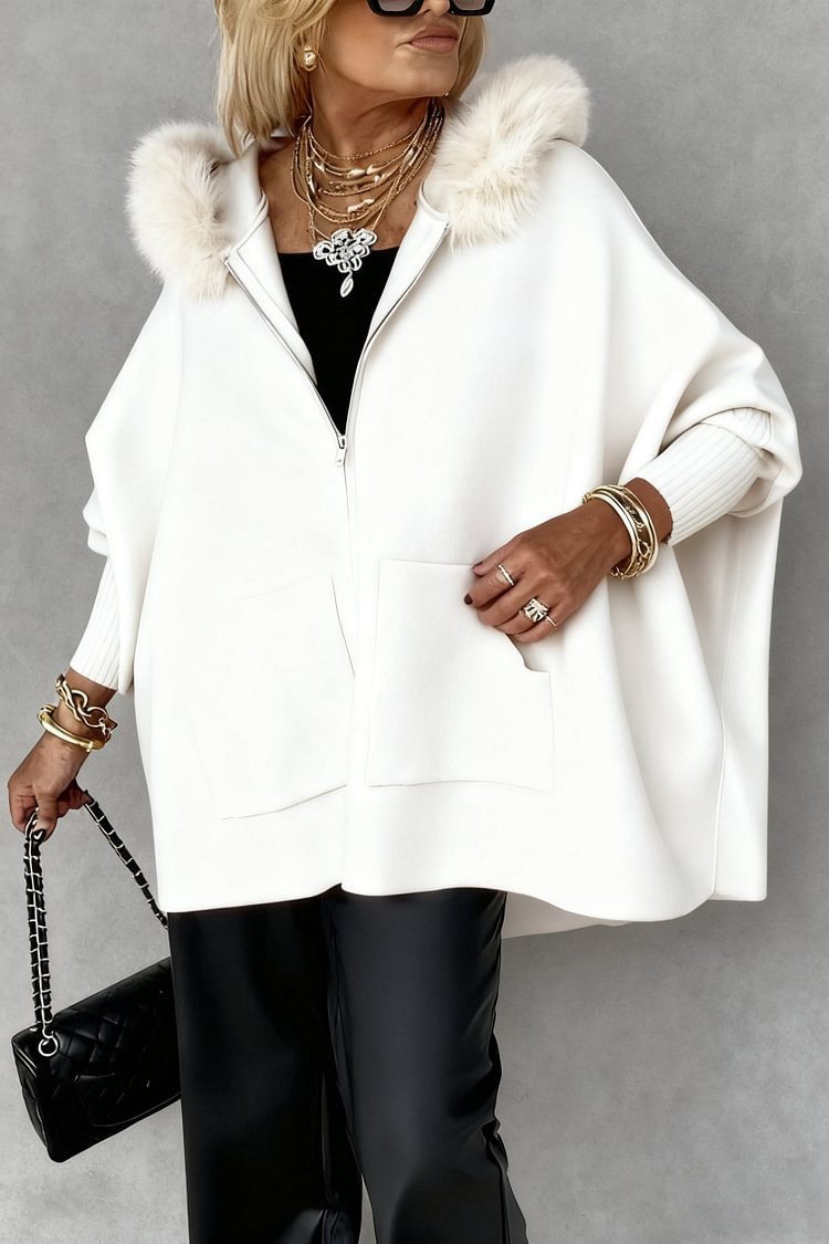 Ins Plush Hooded Cardigan Fashion Warm Pockets Zip-up Knitted Jacket Casual Outerwear Batwing Sleeve Sweater Women's Clothing