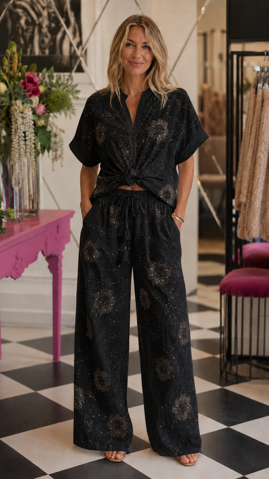 Ivory Floral Embroidered Button-Up Pant Set