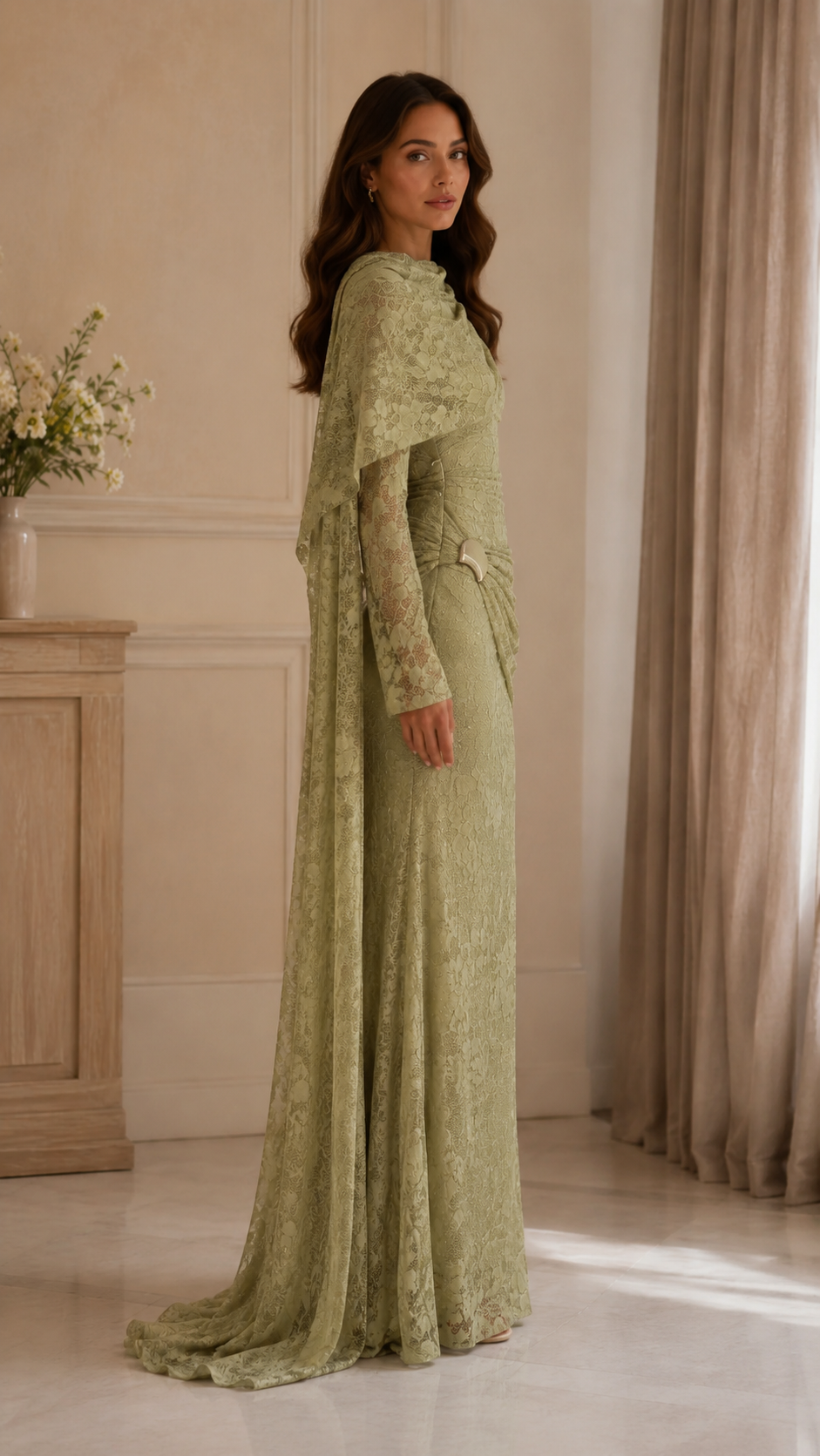 Lace Embellished Cape Sleeve Evening Gown