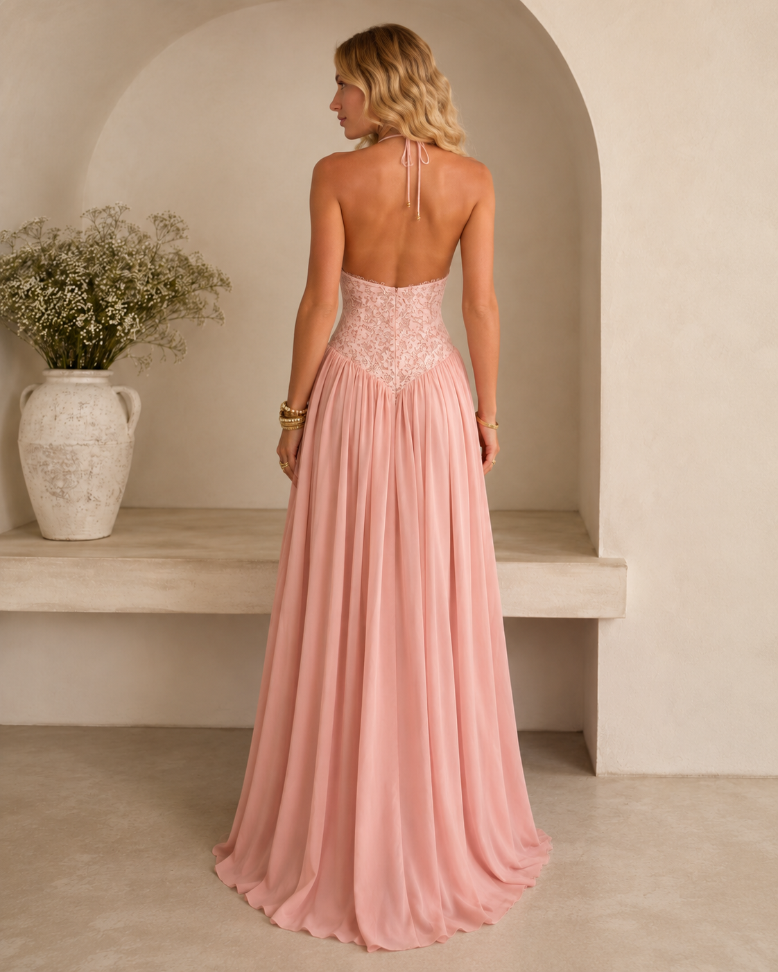 Blush Lace Halter Maxi Dress