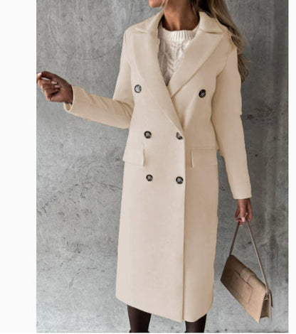 Double Breasted Lapel Coat Winter Fashion Solid Slim Long Jacket Long Sleeve Tops Womens Clothing