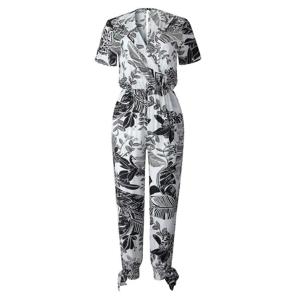 Printed V-neck short sleeve jumpsuit for women