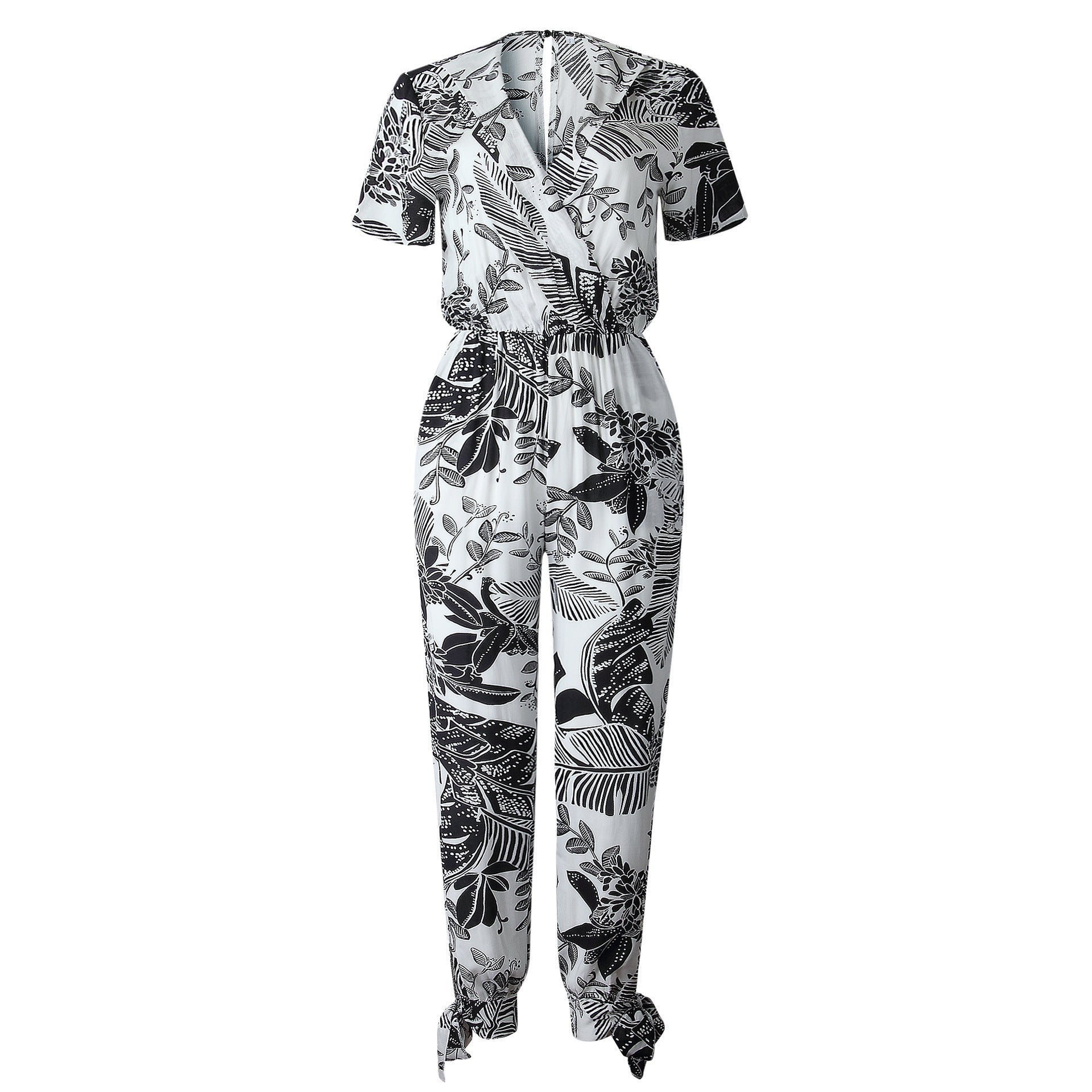 Printed V-neck short sleeve jumpsuit for women