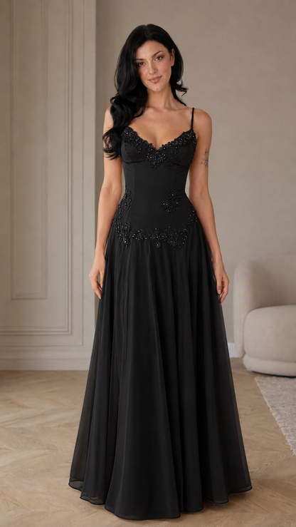 Floral Appliqué A-Line Evening Gown