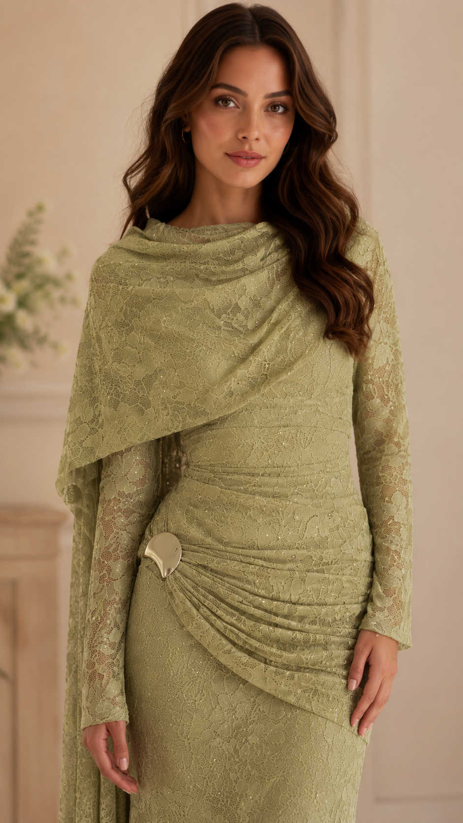 Lace Embellished Cape Sleeve Evening Gown