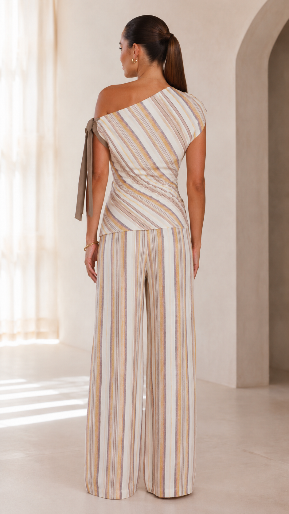 Sand Stripe One-Shoulder Wide-Leg Pant Set
