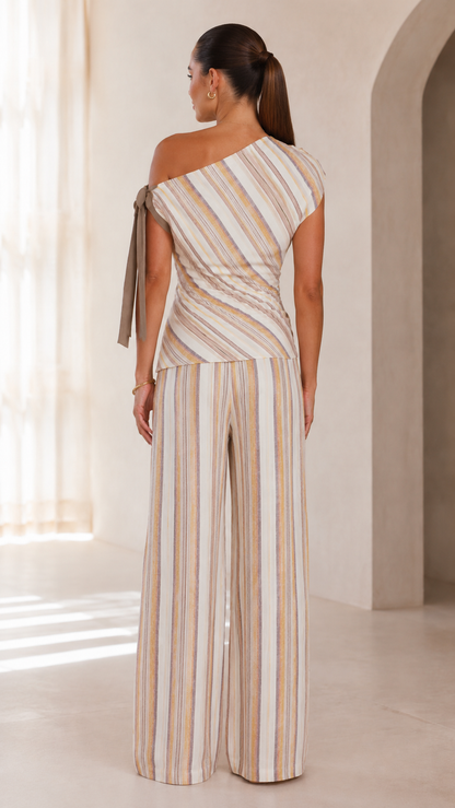 Sand Stripe One-Shoulder Wide-Leg Pant Set