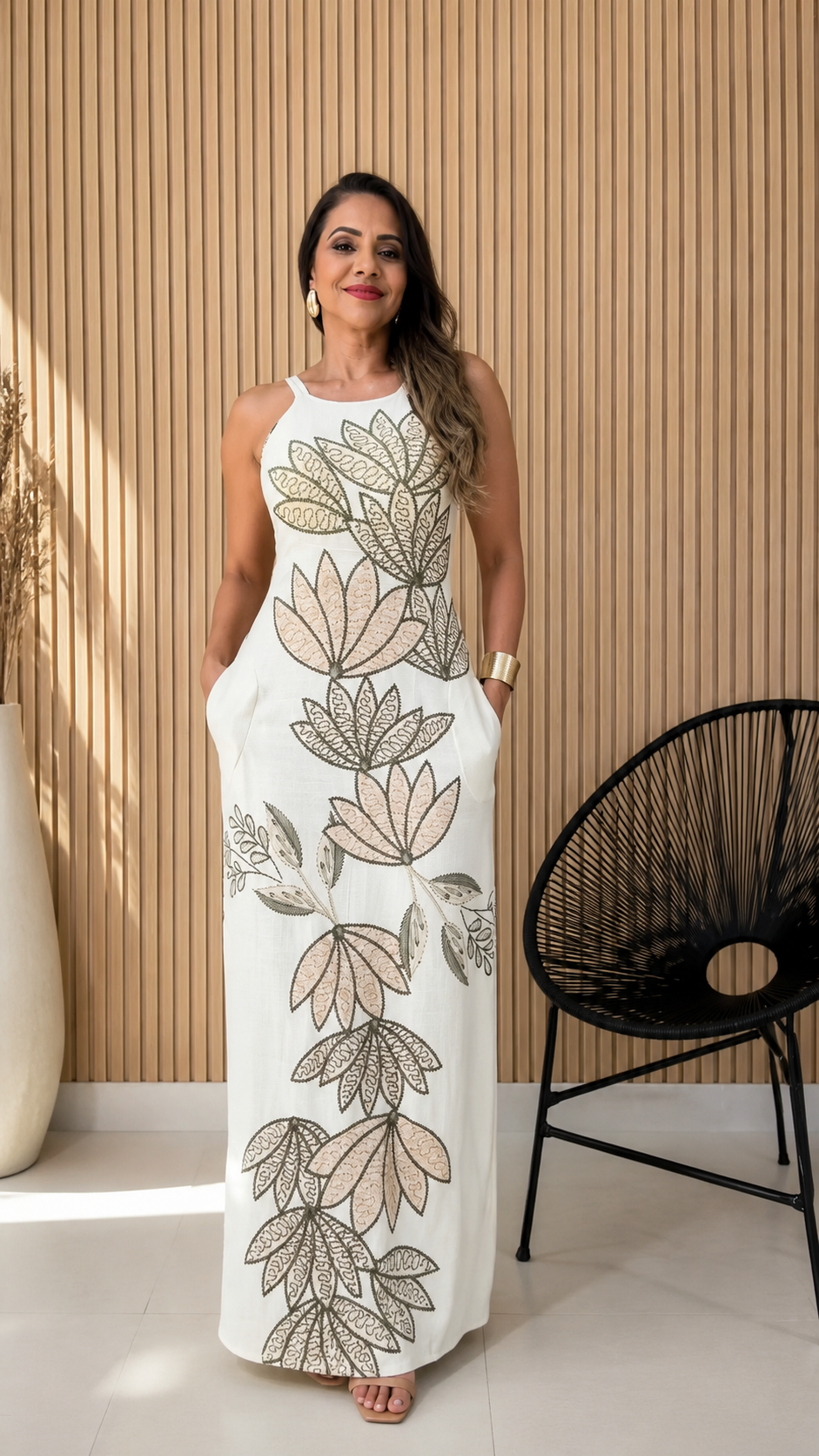 Leaf Embroidered Maxi Dress