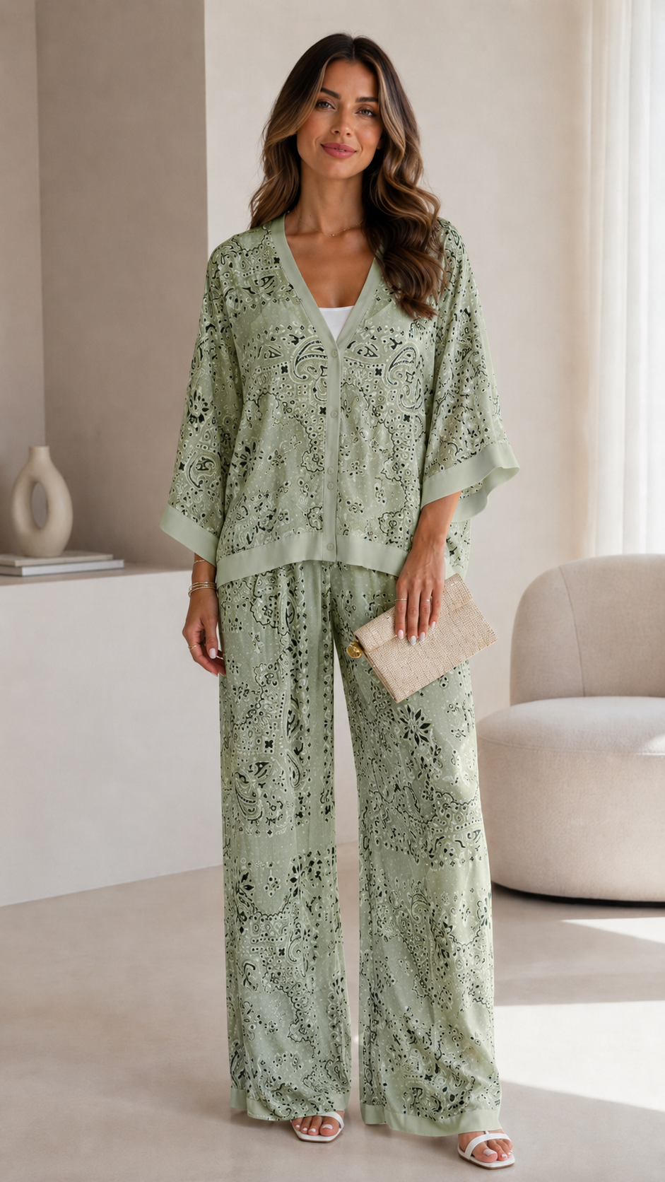 Ivory Paisley Print Kimono Sleeve Pant Set