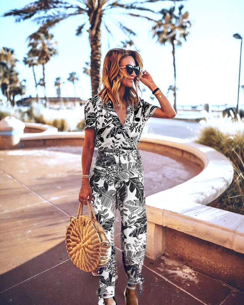 Printed V-neck short sleeve jumpsuit for women
