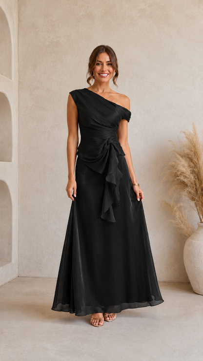 One Shoulder Ruffle Evening Gown