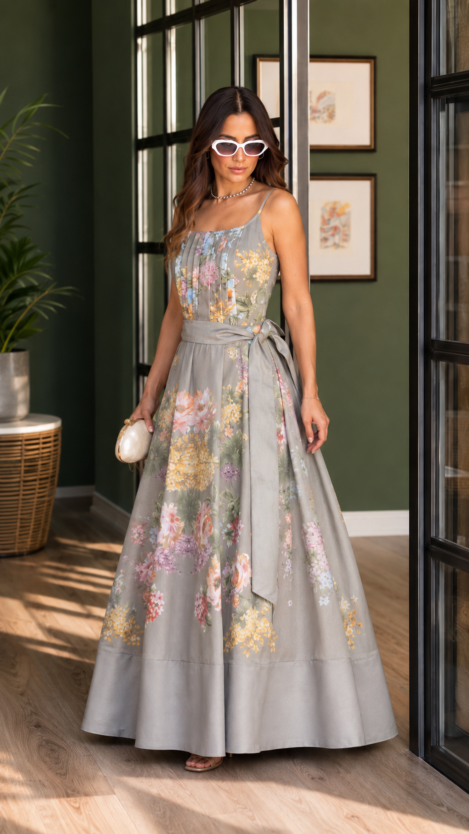 Grey Floral Tie-Waist Maxi Dress