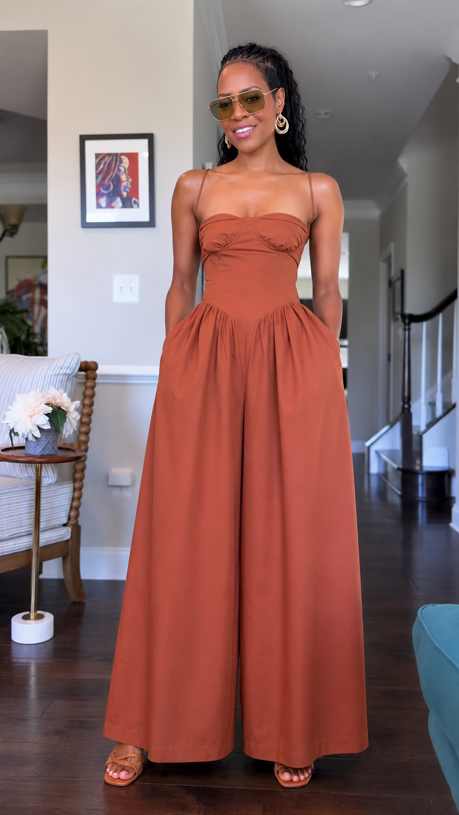 Rust Brown Corset Wide-Leg Jumpsuit