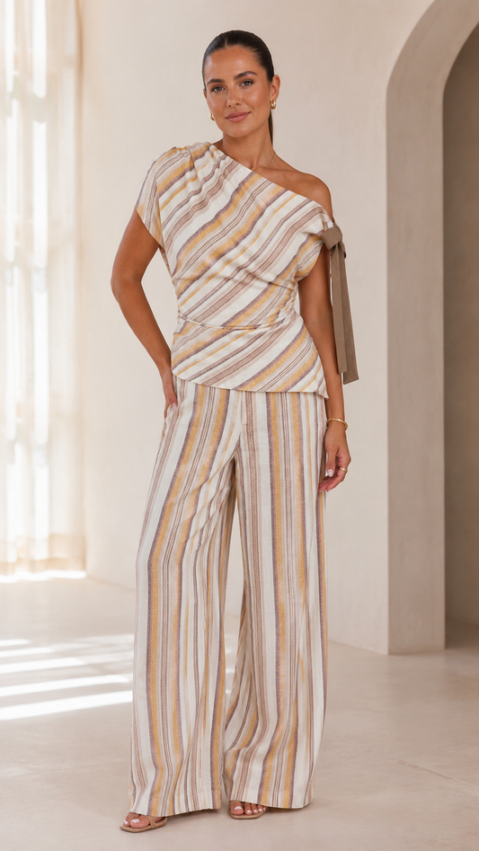 Sand Stripe One-Shoulder Wide-Leg Pant Set