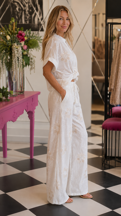 Ivory Floral Embroidered Button-Up Pant Set