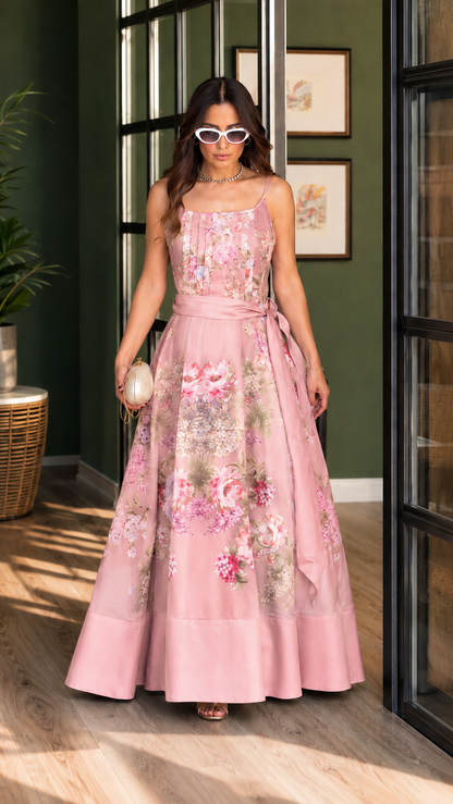 Grey Floral Tie-Waist Maxi Dress