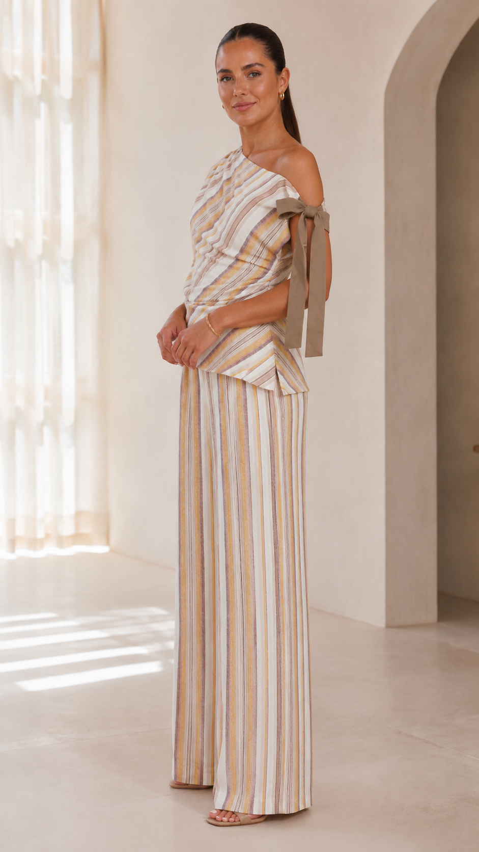Sand Stripe One-Shoulder Wide-Leg Pant Set