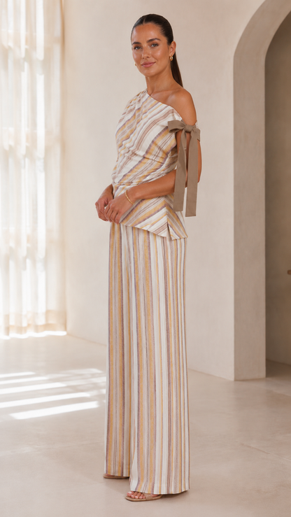 Sand Stripe One-Shoulder Wide-Leg Pant Set