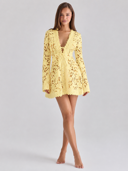 Bianca Lace-Up Floral Lace Mini Dress