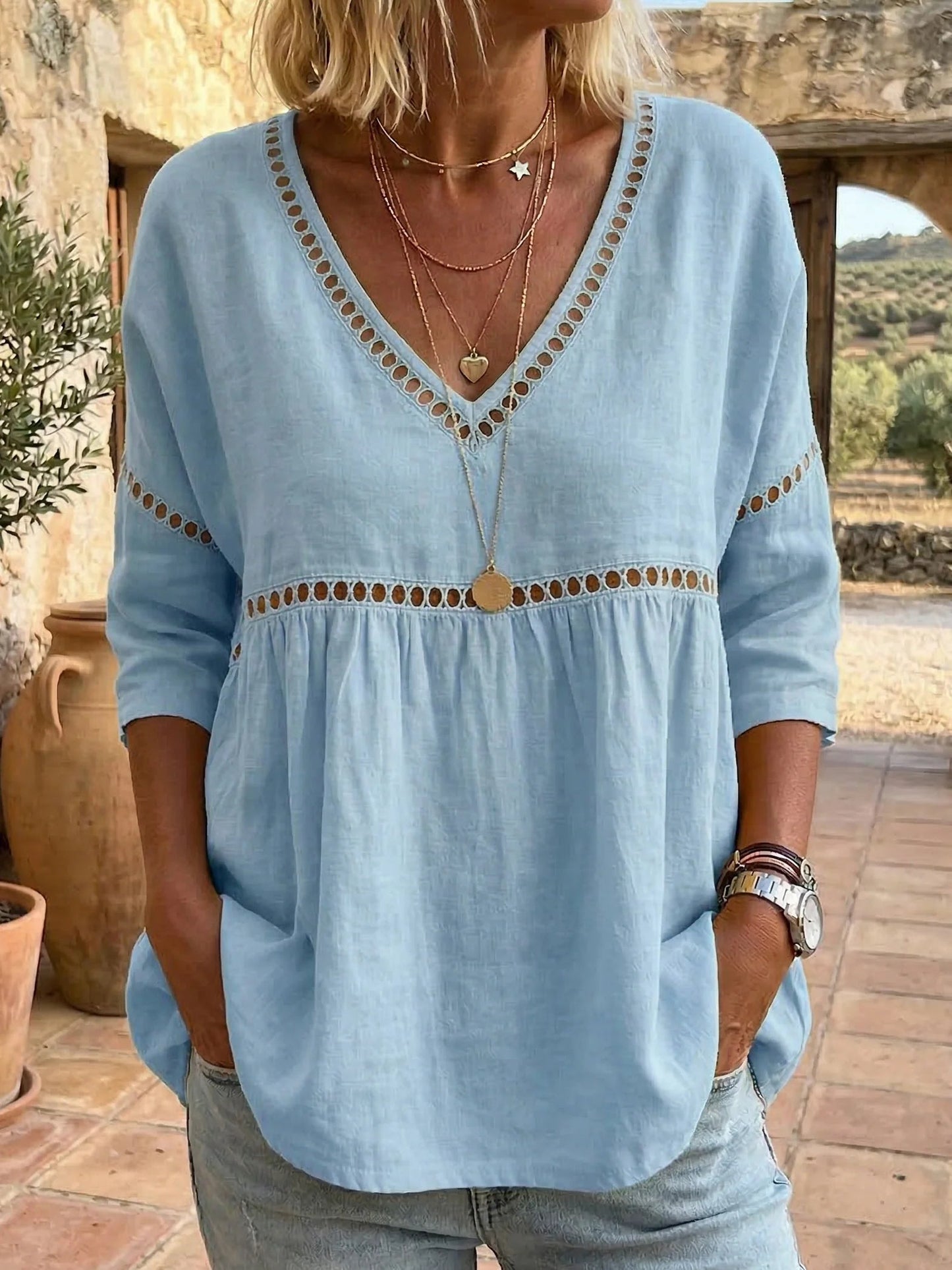 🌿Women's Cozy Hollow-out Patchwork V-neck Linen-cotton Blouse